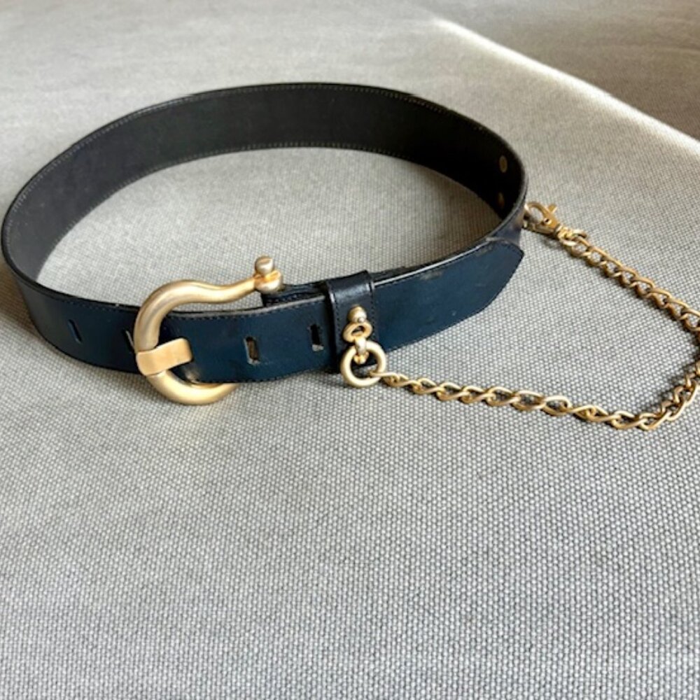 1990's Vintage Navy Leather Gold Chain Belt